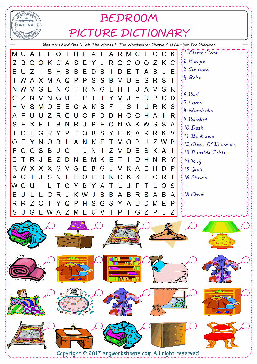  ESL wordsearch worksheets for kids, find Bedroom words in the word wordsearch write its number on its picture English worksheet. 